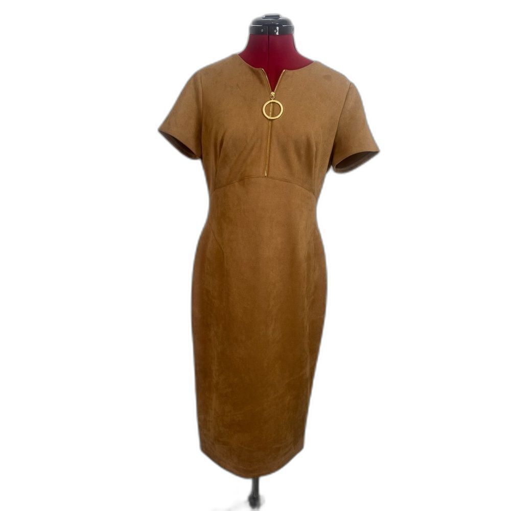Calvin Klein Dress Women's Size 8 Tan Faux Suede Short Sleeves Gold Ring Zipper